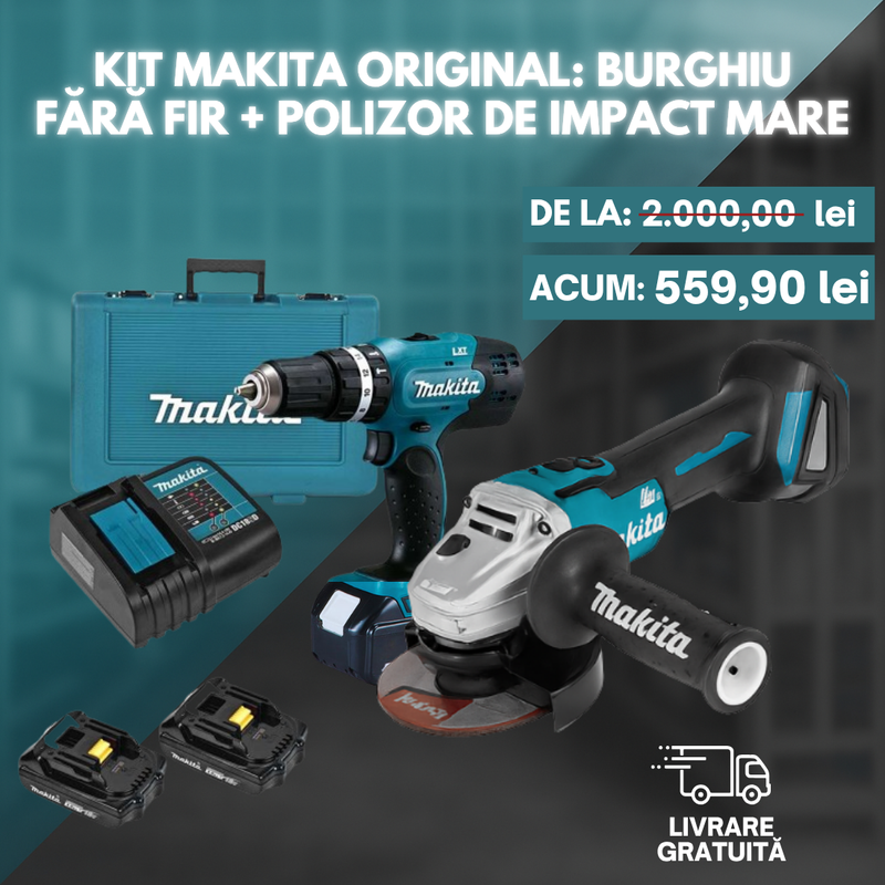 KIT MAKITA ORIGINAL: BURGHIU FĂRĂ FIR + POLIZOR DE IMPACT MARE + 26 ACCESORII + 2 BATERII