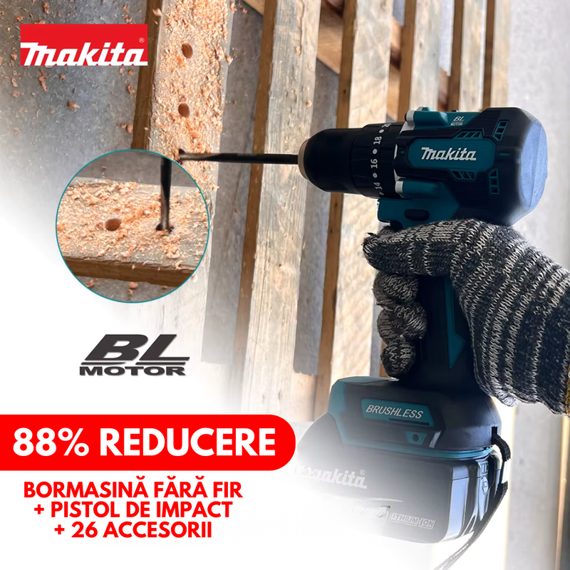 KIT MAKITA ORIGINAL: BORMASINĂ CU ACUMULATOR + CHEIE DE IMPACT + 26 DE ACCESORII + 2 BATERII