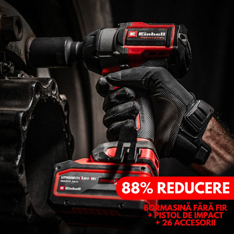 KIT EINHELL ORIGINAL: BORMASINĂ CU ACUMULATOR + CHEIE DE IMPACT + 26 DE ACCESORII + 2 BATERII