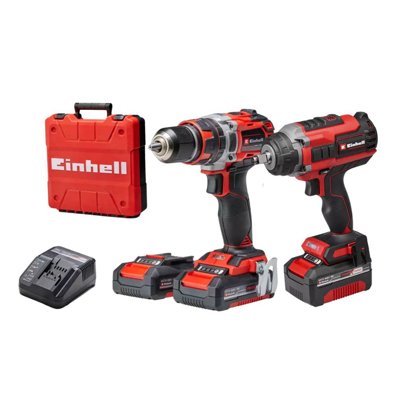 KIT EINHELL ORIGINAL: BORMASINĂ CU ACUMULATOR + CHEIE DE IMPACT + 26 DE ACCESORII + 2 BATERII