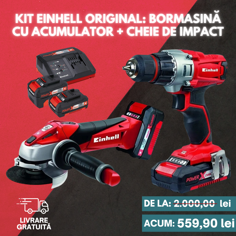 KIT EINHELL ORIGINAL: BURGHIU FĂRĂ FIR + POLIZOR DE IMPACT MARE + 26 ACCESORII + 2 BATERII